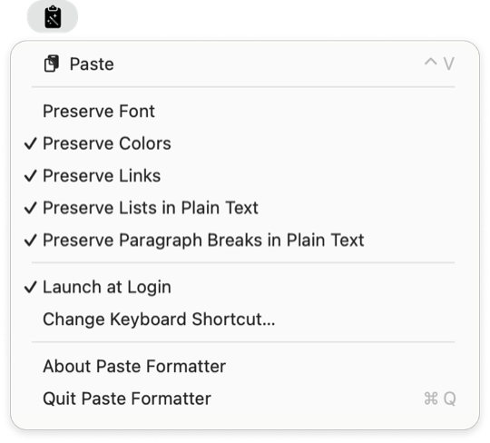 Paste Formatter menu showing paste and formatting options